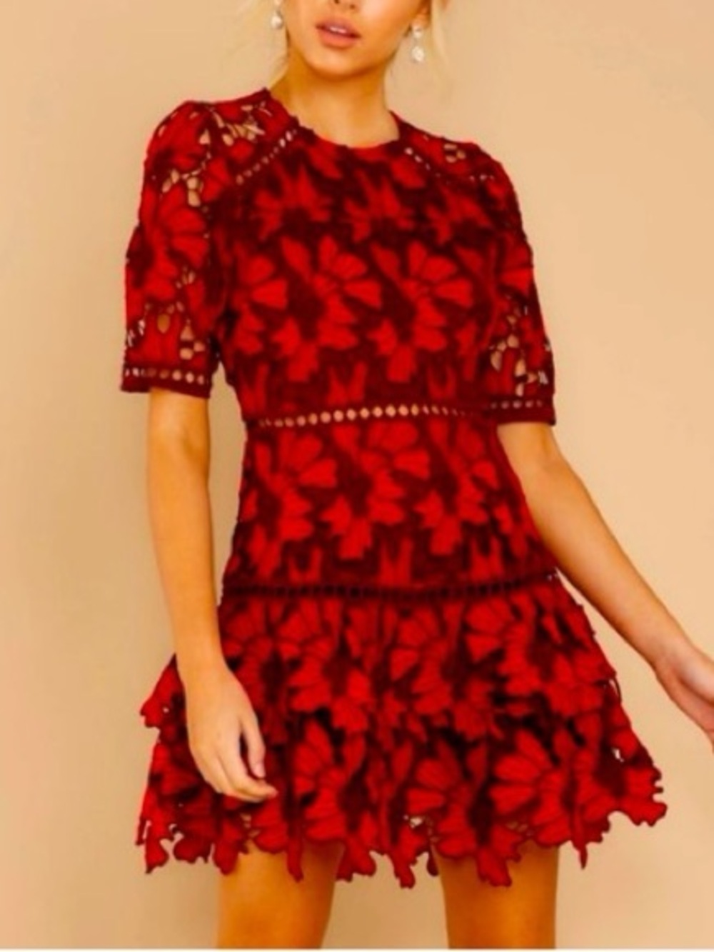 Lulus "Love Me Forever" Red and Burgundy Crochet Lace Dress
